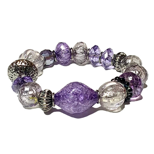 Chunk Purple & Clear Glass Bead Stretch Bracelet