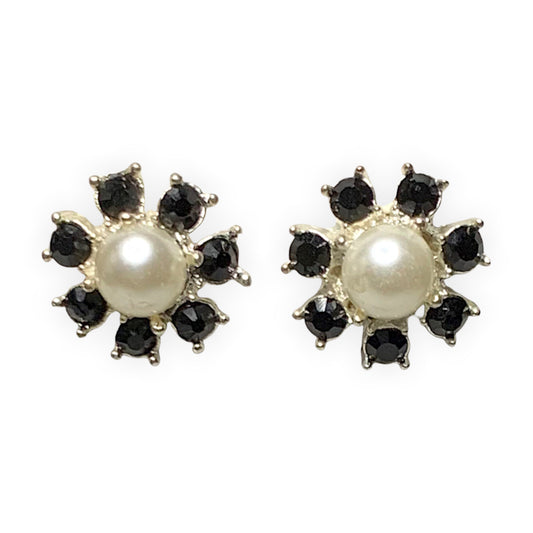 Pearl & Black Crystal Button Stud Earrings